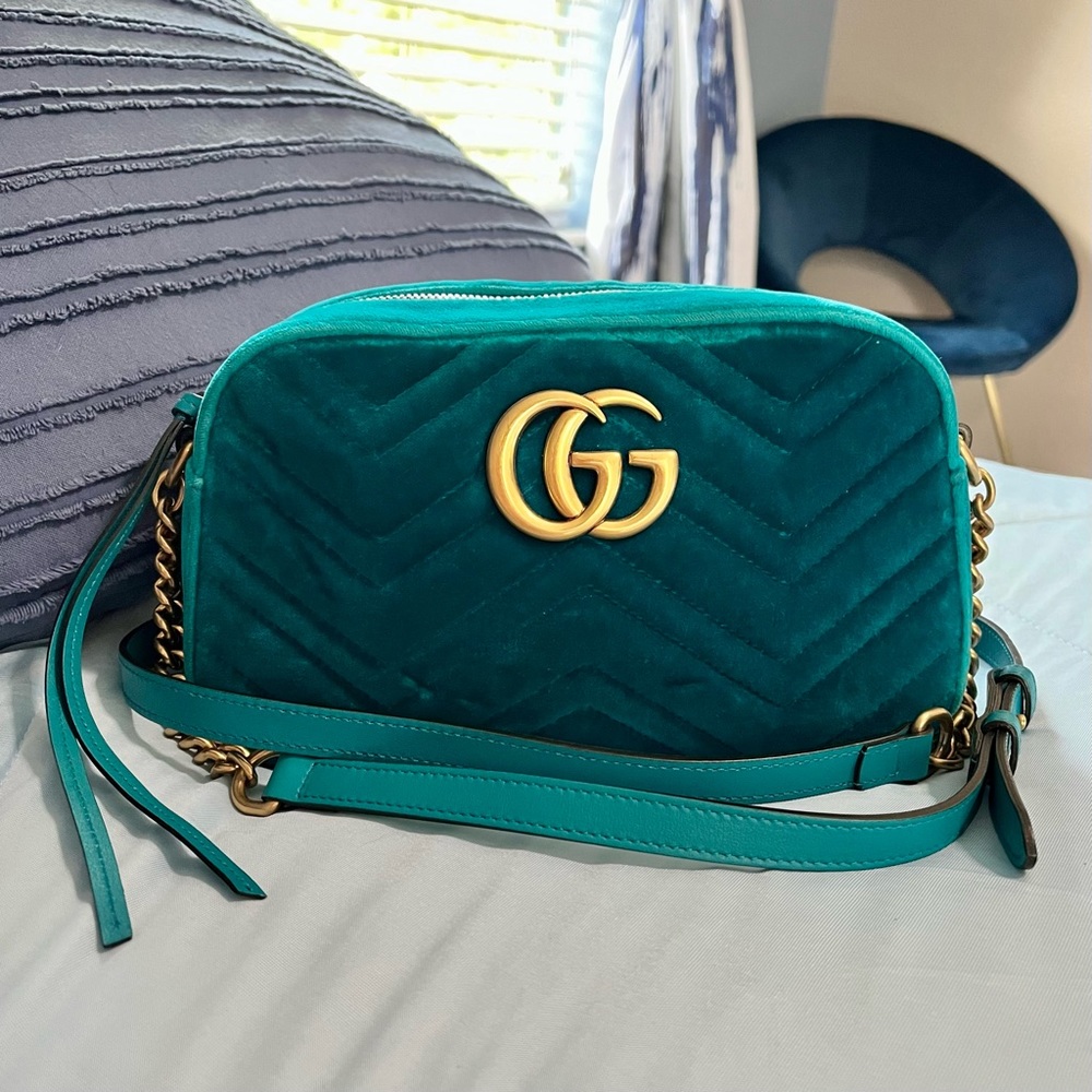 Gucci Marmont Teal Velvet Crossbody Bag Small